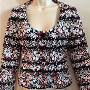 Anne Klein Black Floral Print Scoop Neck Jacket - Pink, White and Blue Accents